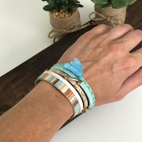 Leather Layered Tassel Bracelet, Turquoise - Picture 3 of 4